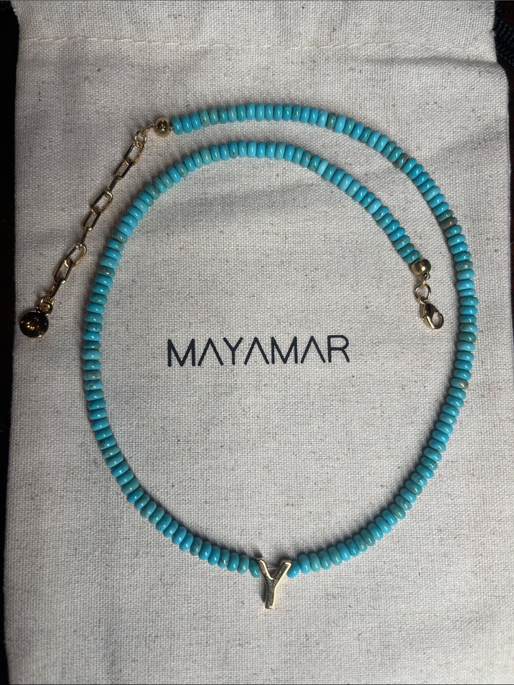 Y initial - Mayamar Turquoise Bead Necklace with Gold Y Pendant